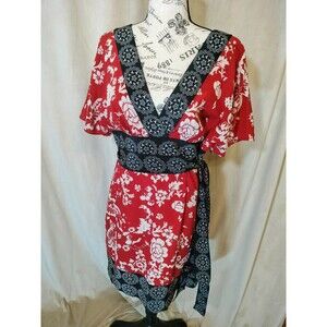 NWOT! Phoebe Couture Kimono Inspired Red/Black/Cream Wrap Dress. Size 14